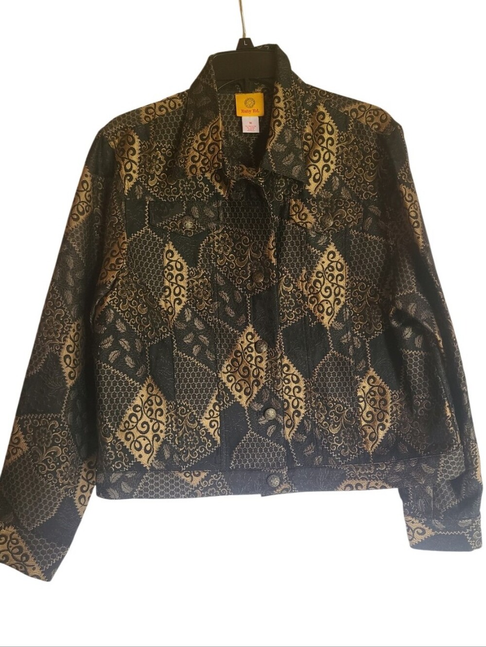 Ruby Rd Black Gold Metallic Brocade Tapestry Button Front Jacket Coat Size 16